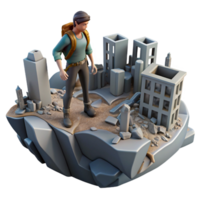 Post-Disaster Survivor City Ruins Exploration A dynamic scene of a survivor navigating city ruins, capturing the essence of exploration in a digital world. png