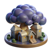 3D Render Village Under a Cloud - A whimsical 3D render of a village situated under a cloud capturing its magical atmosphere and enchanting design png