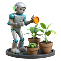 Robot Gardener Tending Plants A dynamic depiction of a gardener crafted as a robot, navigating a world of plants in a digital world. png