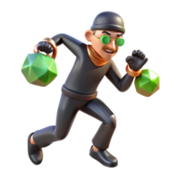 3D Thief Running with Gems - A dynamic 3D render of a thief running with gems capturing the essence of adventure and intense action png
