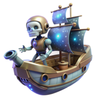 Cosmic Skeleton Robot on Ship A dynamic 3D render of a cosmic skeleton robot on a ship, capturing the essence of space adventure and futuristic technology. png