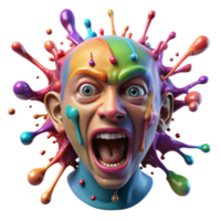 Vibrant 3D Render of a Screaming Head Surrounded by Colorful Paint Splatter png