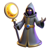 Mystic Wizard with Crescent Staff A magical scene of a wizard navigating a world with a crescent staff, capturing the essence of mysticism in a digital world. png