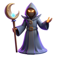 Mystic Wizard with Crescent Moon Staff A magical scene of a wizard navigating a world with a crescent moon staff, capturing the essence of mysticism in a digital world. png