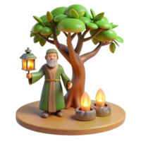 3D Render Wise Man, Lantern, Candles, Tree A dynamic depiction of a wise man navigating a world of lanterns, candles, and trees, captured in a stunning three-dimensional render. png