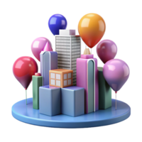 Cityscape Balloons 3D Render A joyful scene of balloons floating over a cityscape, captured in a stunning three-dimensional render. png
