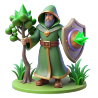 Green Wizard with a Tree and Shield in a Magical Three Dimensional Scene of Enchantment png