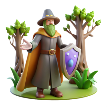 trollkarl med skydda i skog en magisk scen av en trollkarl svängande en skydda, navigerande en skog i en digital värld. png