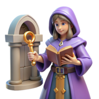 Fantasy Mage with a Key and Book in a Magical Three Dimensional Scene of Enchantment png
