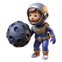 Kid Astronaut Moon Rock A playful 3D render of a kid astronaut with a moon rock, capturing the essence of space adventure and youthful imagination. png