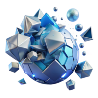 Abstract 3D Render of Exploding Geometric Shapes, Blue and Silver Metallic Polyhedra, Futuristic Design png