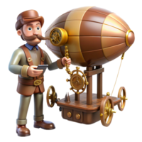 Steampunk Airship Engineer A whimsical 3D render of a steampunk airship and engineer, capturing the essence of adventure and retro-futuristic design. png