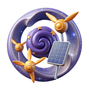 3d render do uma galáxia redemoinho com solar painel e vento turbinas png