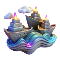 Ships on Iridescent Waves A vibrant 3D render of ships sailing on iridescent waves, capturing the essence of adventure and fantasy. png