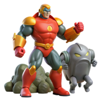 Hero and Robot Action Figure Set in a Whimsical Three Dimensional Scene of Adventure png