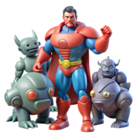 Superhero Robots 3D Render A dynamic 3D render of a superhero and robots, capturing the essence of intense action and futuristic technology. png