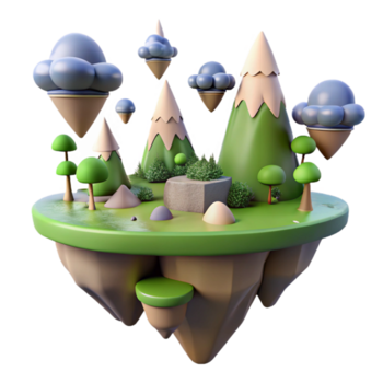 Floating Island 3D Cartoon Landscape A whimsical 3D render of a floating island, capturing its magical atmosphere and enchanting design. png