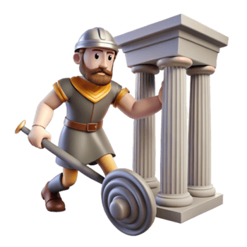 Cartoon Warrior Ancient Columns A whimsical 3D render of a cartoon warrior amidst ancient columns, merging history with playful design. png