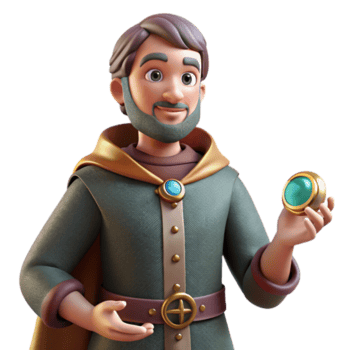 Mystic 3D Cartoon Mage with Gem A magical scene of a mage navigating a world with a gem, captured in a whimsical three-dimensional render. png