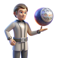 3D Animated Scientist Orb A dynamic depiction of a scientist navigating a world with an orb, captured in a stunning three-dimensional animation. png