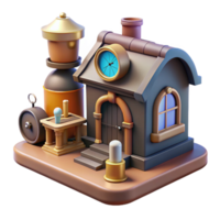 Steampunk House 3D Model - A whimsical 3D model of a house with steampunk elements capturing its intricate design and retro-futuristic aesthetic png