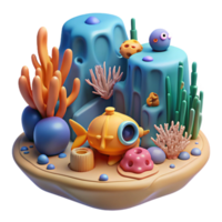 Cute Submarine in Ocean Scene - A playful depiction of a cute submarine navigating through an ocean scene surrounded by colorful marine life png