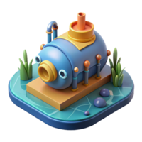 Cute Cartoon Submarine Illustration in a Whimsical Three Dimensional Scene of Adventure png