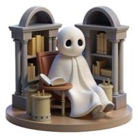 Ghost Reads in Library A whimsical 3D render of a ghost reading in a library, blending the supernatural with a love for books. png