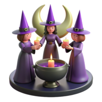 Three Witches, Cauldron, Moon in a Whimsical Three Dimensional Scene of Enchantment png