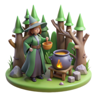 Witch Brewing a Potion in a Forest in a Magical Three Dimensional Scene of Enchantment png