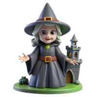 Cute Witch Figurine with Tower in a Whimsical Three Dimensional Scene of Enchantment png