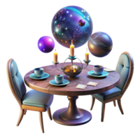Cosmic Dinner Table 3D Render A Surreal Scene of Celestial Spheres, Candles, and Tea png