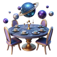 Cosmic Dinner Party 3D Render Celestial Table Setting with Planets and Stars png