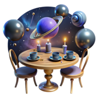 Cosmic Tea Party 3D Render Illustration A Mystical Table Setting with Planets and Candles png