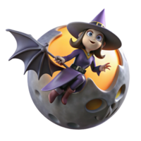 Cute Witch on Moon, Halloween 3D Render A whimsical scene of a cute witch perched on the moon, casting spells in a Halloween setting. png