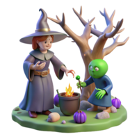 Halloween Witch and Goblin Brew A magical scene of a witch brewing a potion with a goblin, capturing the essence of Halloween in a digital world. png