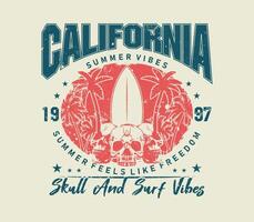 california summer vibes slogan with skull and surfboard in grunge style, graphic illustration for t shirt print and streetwear design vector