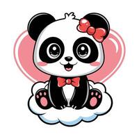 Cute whimsical panda illustration sitting on a cloud with a heart backdrop and a bow vector