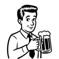 Man holding a beer mug smiles cheerfully in a casual setting during a gathering with friends vector
