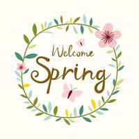 Spring floral wreath illustration with Welcome Spring text, butterflies, and flowers. Fresh and decorative seasonal design for greeting cards, posters, and invitations. vector