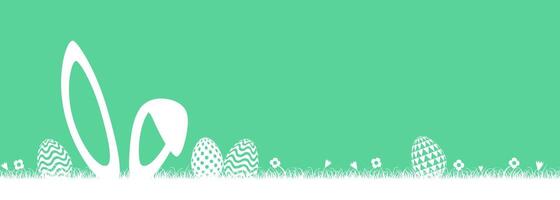Easter featuring rabbits and Easter eggs. Horizontal Easter background with rabbits, flowers, and Easter eggs. vector