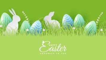 Joyous Easter holiday featuring eggs, rabbit ears, and flowers against a vibrant backdrop and paper style. Suitable for greeting cards or party invitations. vector