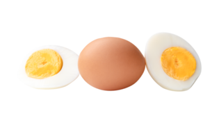A horizon photo of raw chicken egg and peeled cooked or boiled egg with egg yolk in two halves in stack isolated with clipping path in file format png