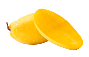 A yellow mango with half and water drops in stack isolated with clipping path in file format png