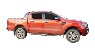 A dirty pink or red pickup truck with dry mud on its side isolated with clipping path in file format Side view pickup png