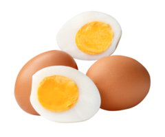 Two raw chicken eggs and peeled cooked or boiled egg with egg yolk in two halves in stack isolated with clipping path in file format png