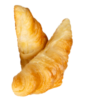 A vertical stack of two brown or golden croissants in stack isolated with clipping path in file format png