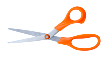 Medium open multipurpose scissors with orange handle in horizon isolated with clipping path in file format png