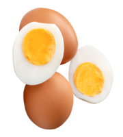 Raw brown chicken eggs and peeled cooked or boiled egg with egg yolk in two halves in stack isolated with clipping path in file format png
