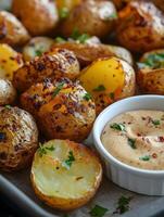 A high-resolution close-up of crispy roasted baby potatoes with golden-brown skin, lightly charred and seasoned with herbs and spices. photo